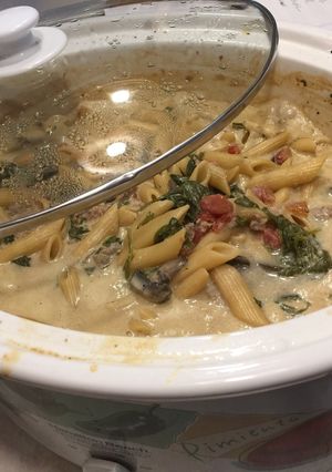A picture of Crockpot All in One Meals - Spinach Turkey Sausage Pasta Soup.