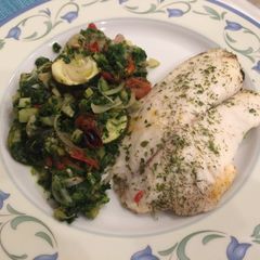 A picture of Paloma's Baked Tilapia with Celery, Courgette, Spinach in white.