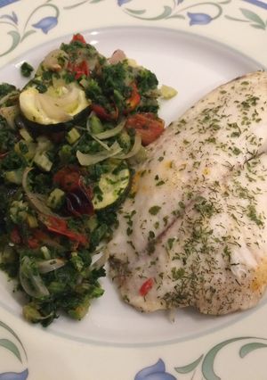 A picture of Paloma's Baked Tilapia with Celery, Courgette, Spinach in white.