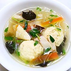 A picture of Chinese Soup with Cellophane Noodles and Fluffy Light Chicken Meatballs.