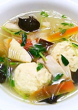A picture of Chinese Soup with Cellophane Noodles and Fluffy Light Chicken Meatballs.