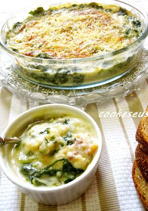 A picture of Soy Milk Gratin with Oyster and Spinach.