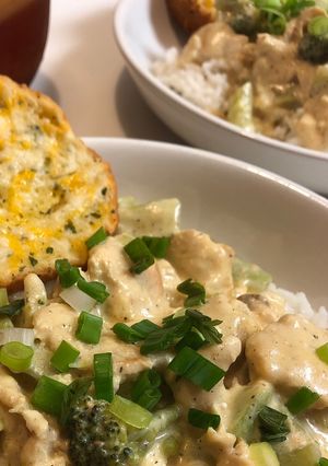 A picture of Cream of Chicken, Cheese and Broccoli over Rice.