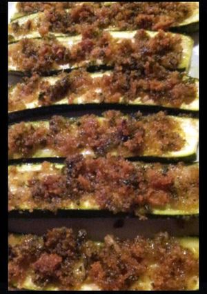 A picture of AMIEs ZUCCHINI al FORNO(Baked Courgettes with Mint and Garlic Stuffing).