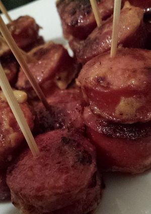 A picture of Dijon mustard sausage bites.
