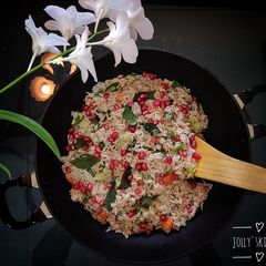 Healthy wheat-rice pullav without onion and garlic A picture of Healthy wheat-rice pullav without onion and garlic.