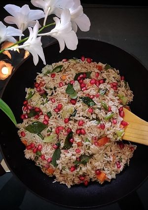 A picture of Healthy wheat-rice pullav without onion and garlic.