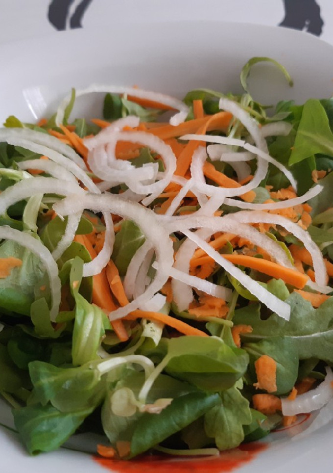 Una foto de Ensalada de canónigo, rúcula, zanahorias y cebolla