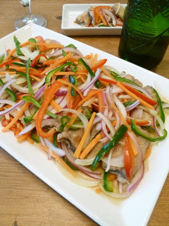 A picture of Pacific Saury (or Mackerel) with a Spicy Sauce - An Elegant Light-Colored Dish Using Shiro-Dashi.