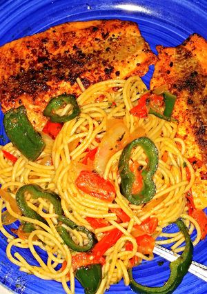 A picture of Grilled salmon & pasta.
