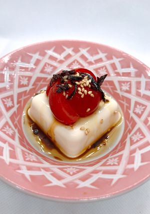 A picture of Chilled Tofu with Tomato and Shio Kombu – Great as an Appetizer.