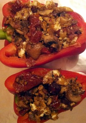 A picture of Mushroom, feta & tomato baked peppers.