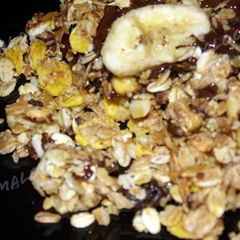 Dark chocolate and banana chip granola crumble A picture of Dark chocolate and banana chip granola crumble.