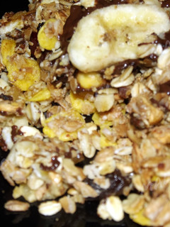 A picture of Dark chocolate and banana chip granola crumble.