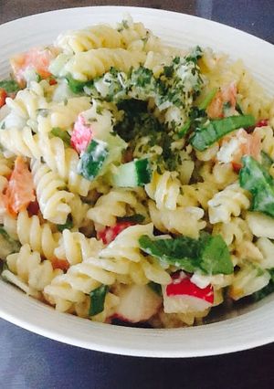 A picture of Tasty Salmon Greek Pasta Salad.