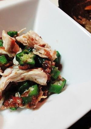A picture of Chicken Breast and Okra with Pickled Plums and Bonito Flakes.