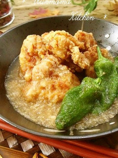 A picture of Chicken Karaage With Nagaimo Yam and Daikon Radish Sauce.