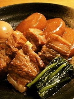 A picture of Pork Belly Simmered with Daikon Radish.