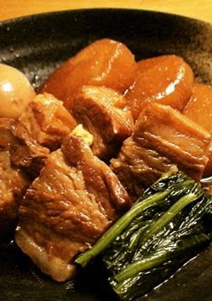 A picture of Pork Belly Simmered with Daikon Radish.