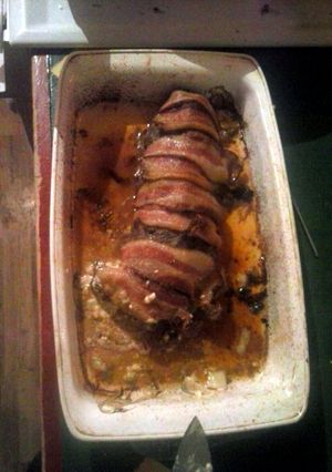 A picture of Brad's bacon wrapped stuffed venison loin.