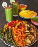 Grigliata vegetariana con salsa verde alla menta salsa enchilada e Agua de Pepino