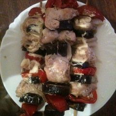 A picture of Marinated Juicy Chicken Breasts With Vegetables On Skewers.