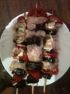 A picture of Marinated Juicy Chicken Breasts With Vegetables On Skewers.