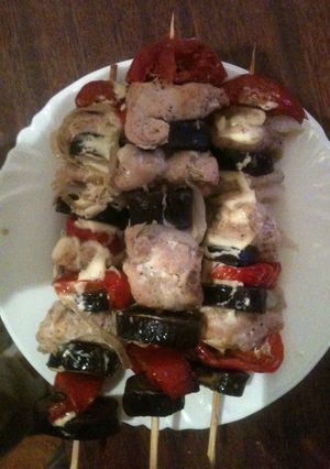 A picture of Marinated Juicy Chicken Breasts With Vegetables On Skewers.