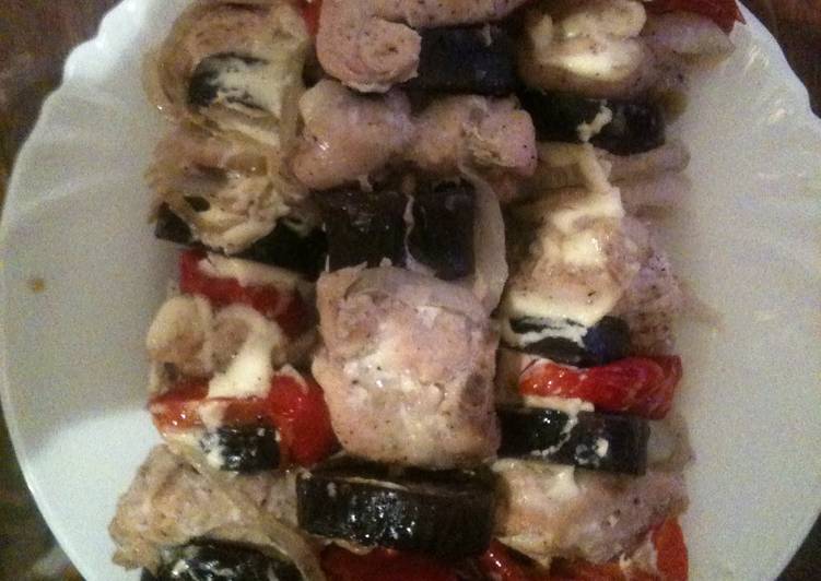 Marinated Juicy Chicken Breasts With Vegetables On Skewers