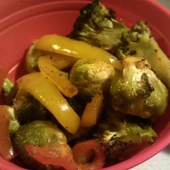 A picture of Roasted Broccoli, Brussels Sprouts, and Onions.