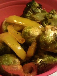 A picture of Roasted Broccoli, Brussels Sprouts, and Onions.