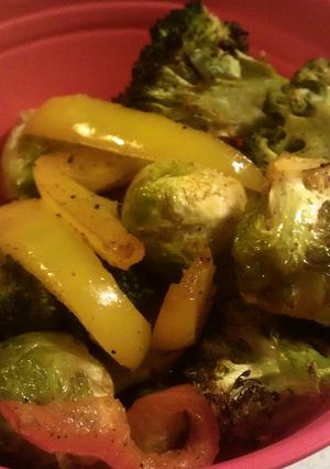 A picture of Roasted Broccoli, Brussels Sprouts, and Onions.
