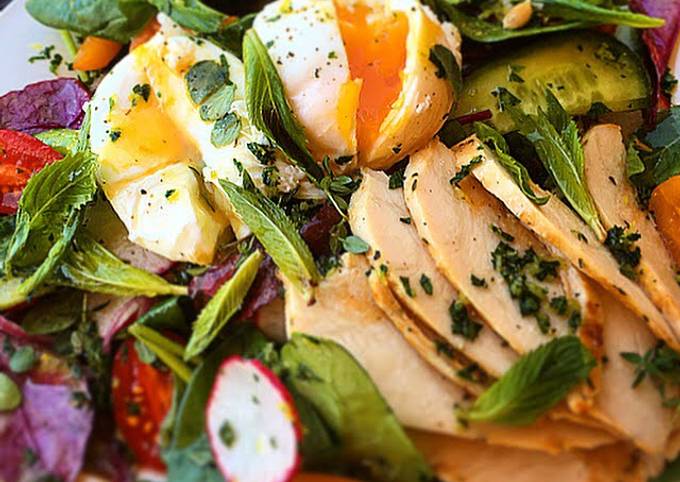 Poached Eggs with Herb Filled Salad & Gremolata