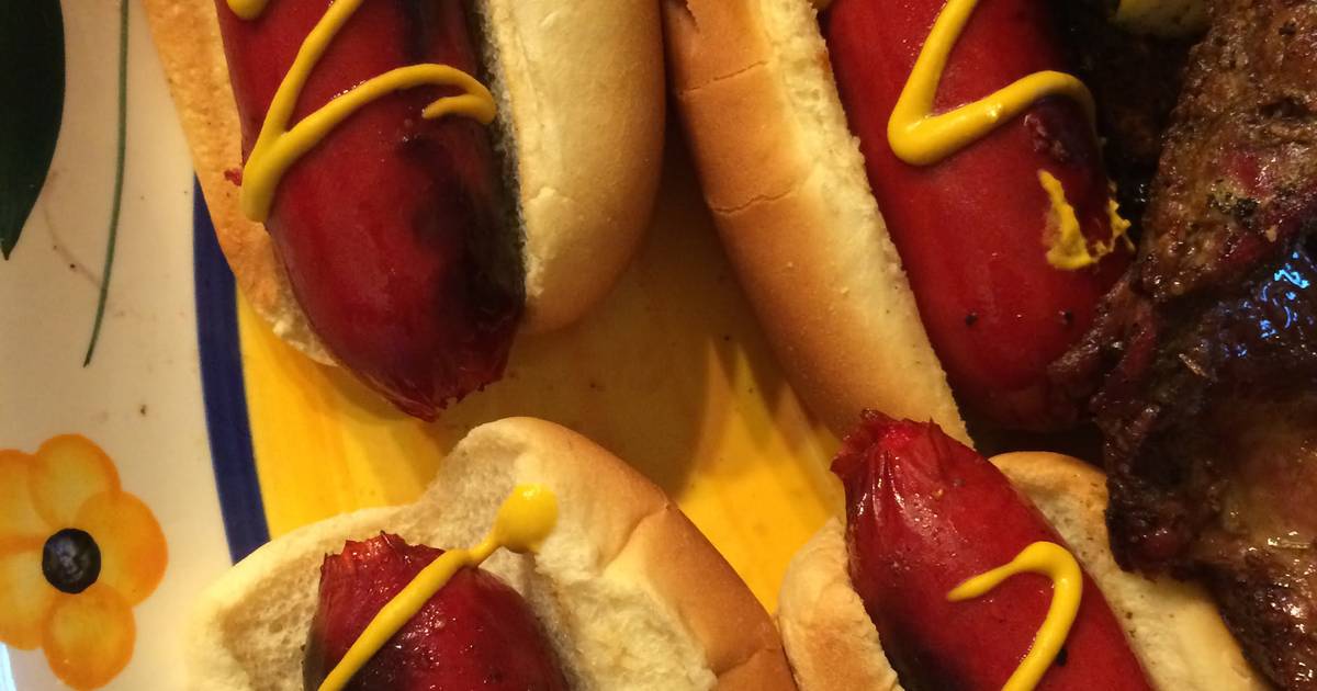 Summer barbecue Grilled Red Hots (Jumbo Red Skinned Hot Dogs) Recipe by