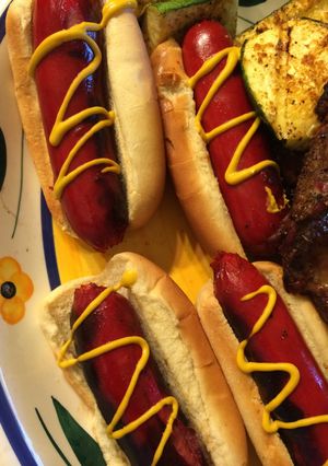 A picture of Summer barbecue Grilled Red Hots (Jumbo Red Skinned Hot Dogs).