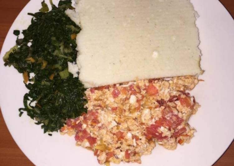 Ugali,Scrambled eggs and Steamed Spinach
