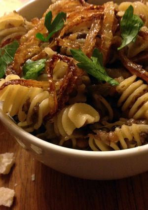 A picture of Lentils with Fresh Pasta and Caramelized Onions.