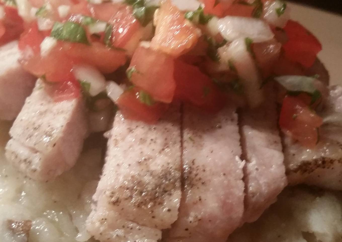 Tomato basil insalate with fried pork և mashed potatoes.