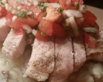 How To Serving Recipe Tomato Basil Insalata over Sliced Broiled Pork Loin and Mashed Potatoes Home Style