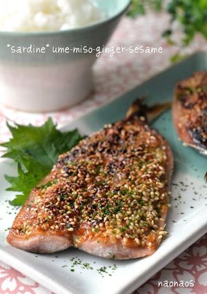 A picture of Grilled Sardines with Umeboshi, Ginger, Miso, and Sesame.