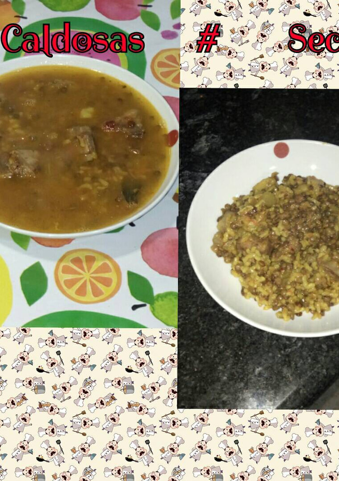Una foto de Lentejas con arroz y costilla