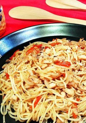 Foto resep Spicy Chicken Aglio Olio Spaghetti