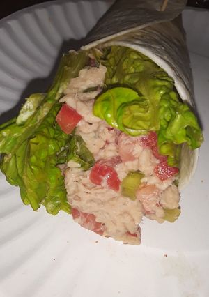 A picture of Swiss garlic n herb tuna wrap.