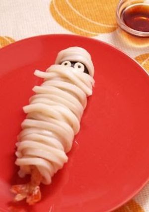A picture of Cheesy Prawn Tempura Mummy Wrapped in Udon Noodles.
