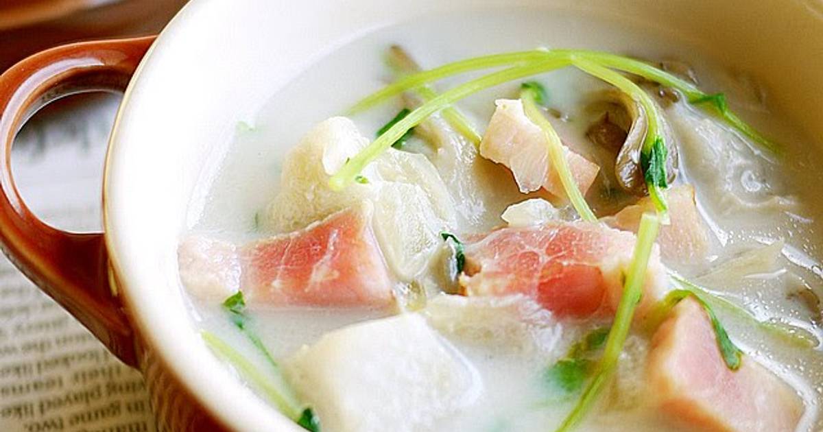 Miso Milk Soup with Maitake Mushrooms, Satoimo (Taro Root), and Pea Shoots Recipe by cookpad