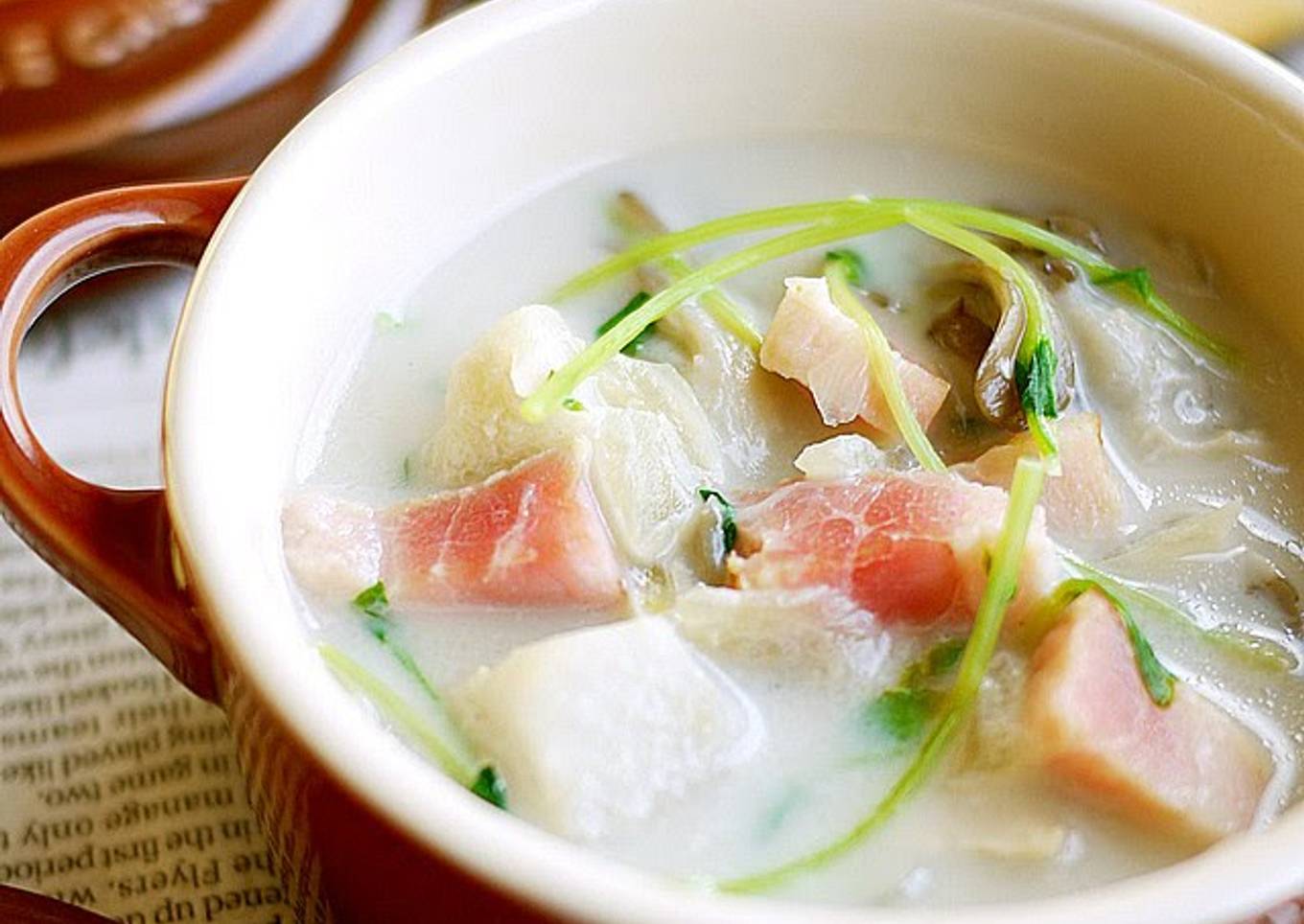Miso Milk Soup with Maitake Mushrooms, Satoimo (Taro Root), and Pea Shoots