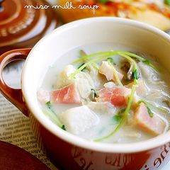 Miso Milk Soup with Maitake Mushrooms, Satoimo (Taro Root), and Pea Shoots A picture of Miso Milk Soup with Maitake Mushrooms, Satoimo (Taro Root), and Pea Shoots.