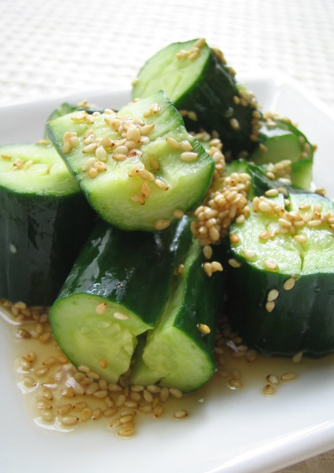 A picture of Broken Up Cucumber with Sesame Vinegar.