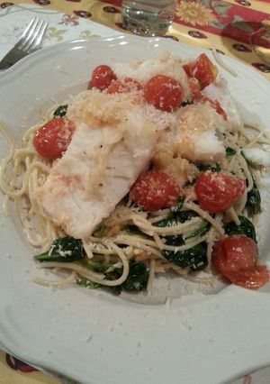 A picture of Healthy pasta with fish.
