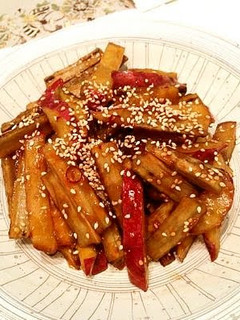 A picture of Sweet and Savory Burdock Root and Sweet Potato Stir-Fry.